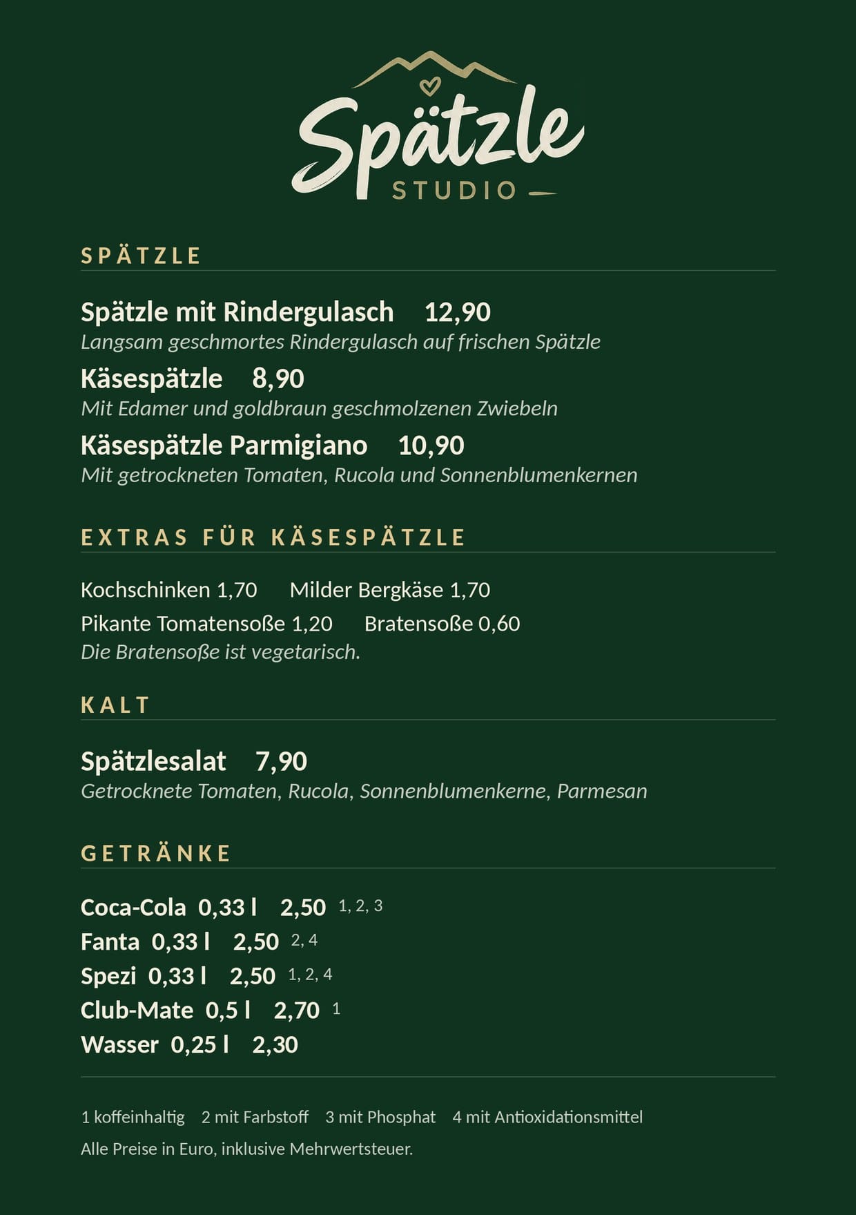 Spätzle Studio Speisekarte